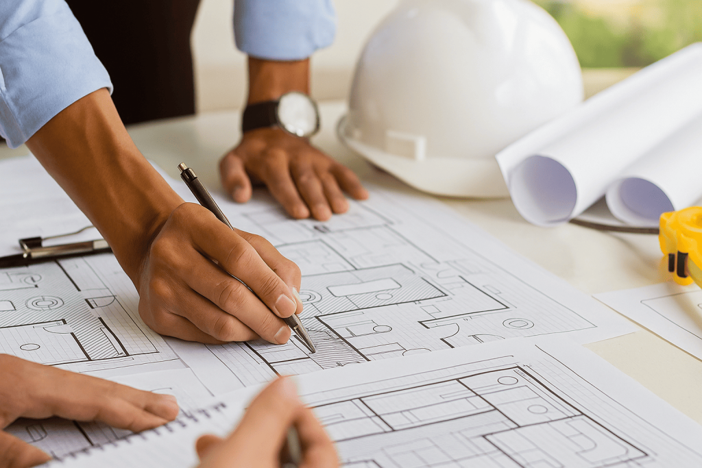 A imagem mostra uma reunião de planejamento arquitetônico. As mãos de duas pessoas estão sobre uma planta baixa, que parece ser o projeto de uma casa ou apartamento. Uma das pessoas segura uma caneta e aponta para uma área específica do desenho. Sobre a mesa, além da planta, há uma trena amarela, um capacete de segurança branco, rolos de papel de projeto e um bloco de anotações. A cena sugere um momento de colaboração e análise técnica de um projeto de construção.
